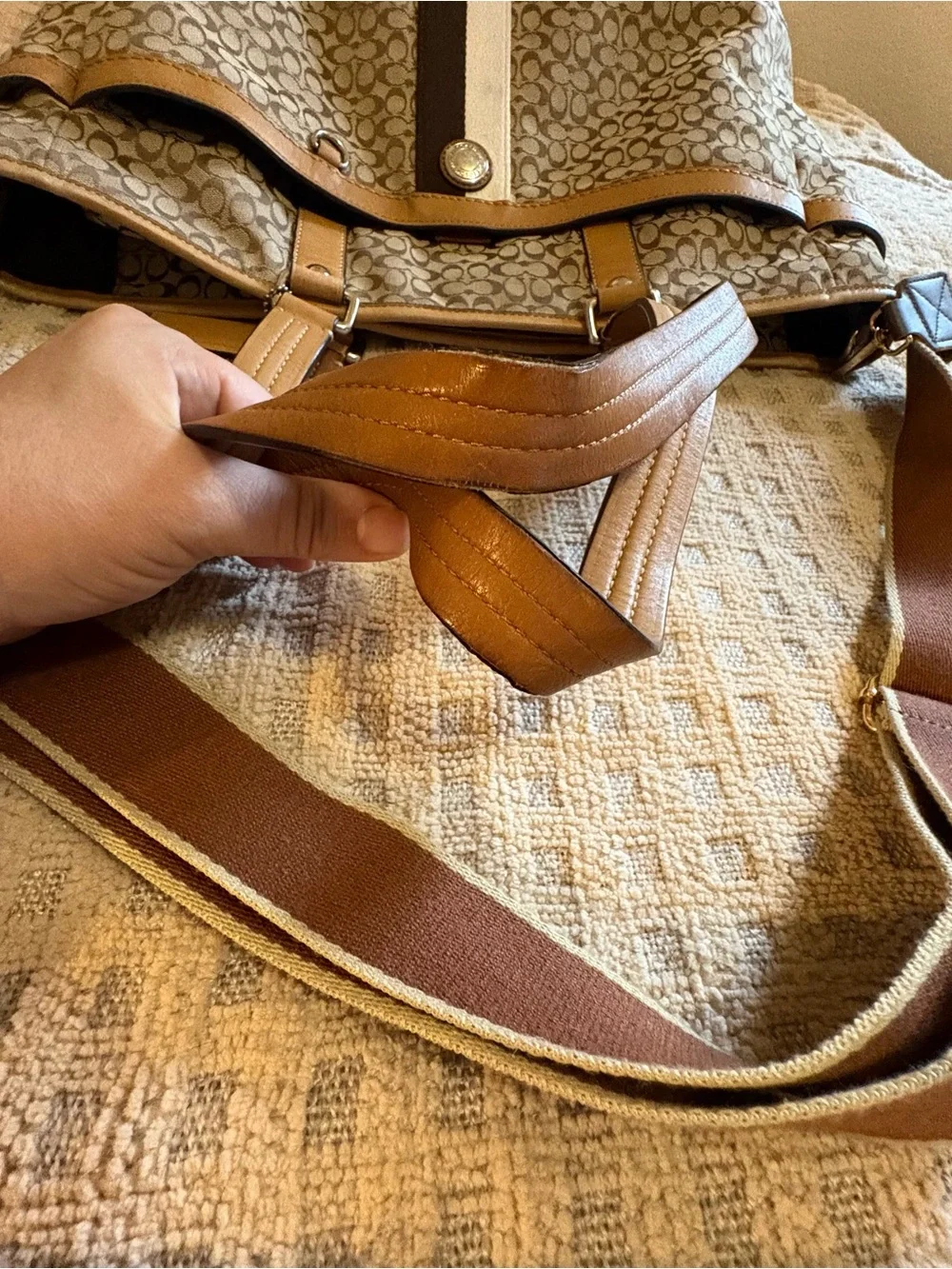 Coach Beige Patterned Messenger Bag with Tan Accents